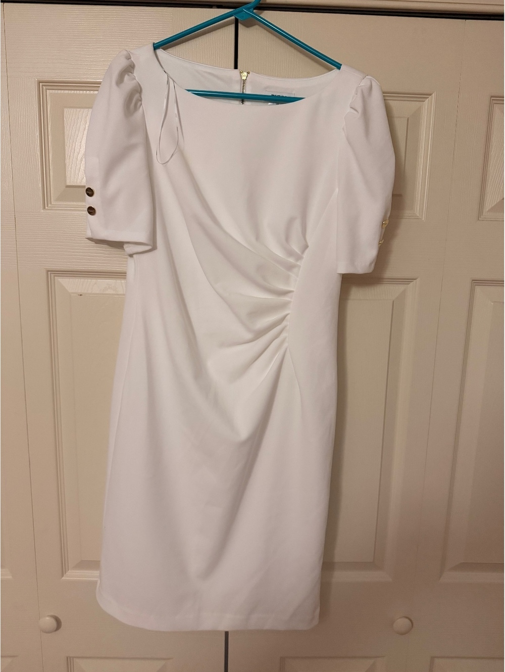 DKNY White Ruched Sheath Dress with Puff Sleeves and Gold Z-